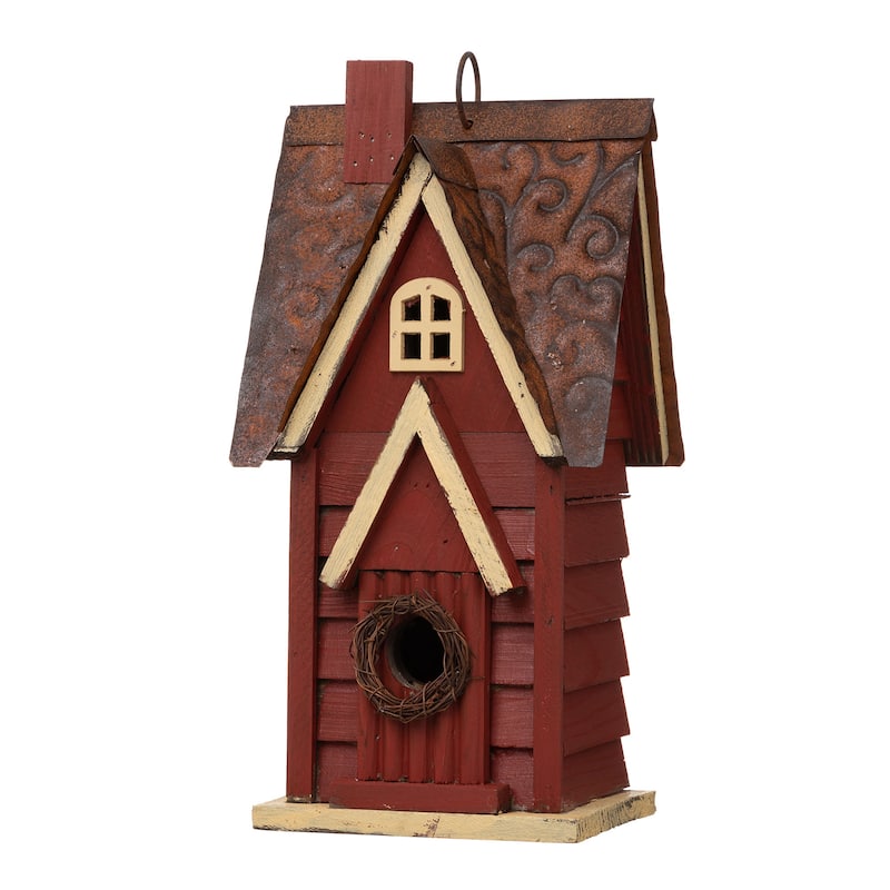 Glitzhome 12"H Retro Distressed Painted Solid Wood Cottage Birdhouse - Red