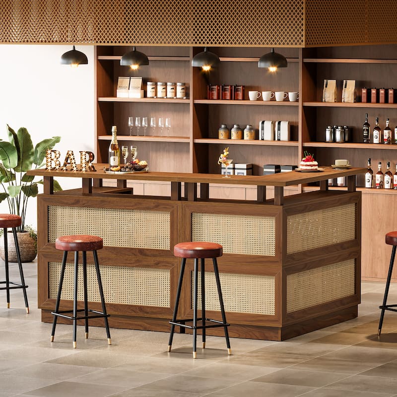 Rattan L Shaped Bar Table with 4-Tier Storage Shelf