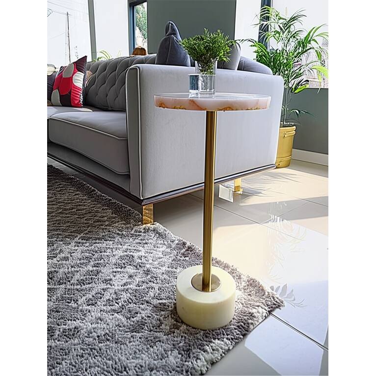 Marble Metal Side Table Modern Slim Base Narrow Round Top Home Decor - 24.0" - Pink