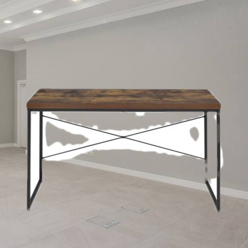 Modern Rustic Writing Desk with Oak Wooden Top, Industrial U-Shaped Metal Legs, and Durable Back "X" Support for Home Office