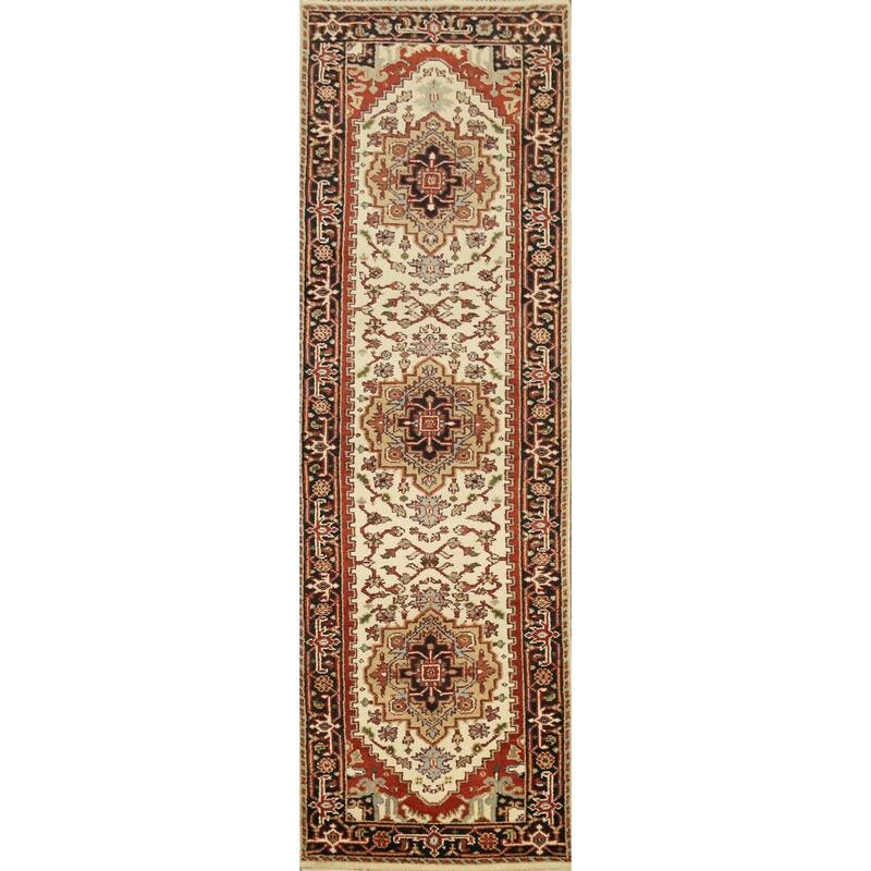 Hand Knotted Oriental 100% Wool Carpet Traditional Geometric Beige & Ivories Heriz (serapi) Runner Rug - 9' 11'' X 2' 5''