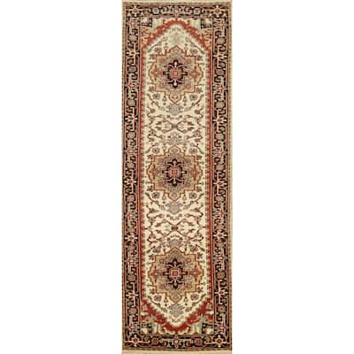 Hand Knotted Oriental 100% Wool Carpet Traditional Geometric Beige & Ivories Heriz (serapi) Runner Rug - 9' 11'' X 2' 5''