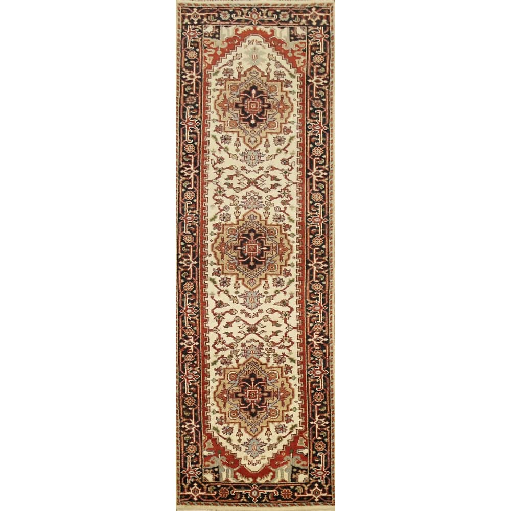 Hand Knotted Oriental 100% Wool Carpet Traditional Geometric Beige & Ivories Heriz (serapi) Runner Rug - 9' 11'' X 2' 5''