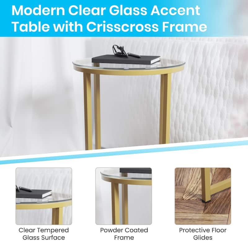 Glass Console Table with Criss Cross Matte Gold Frame - Occasional Table
