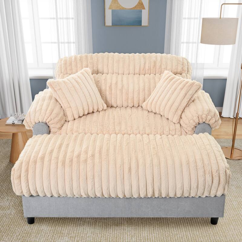Modern Oversized Chaise Lounge Sofa for Living Room, 65.25" Cloud Sleeper Sofa Plush Faux Fur Sofa Couch with 2 Pillows