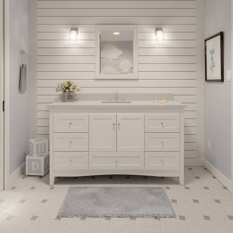 KitchenBathCollection Abbey 60" Single Bathroom Vanity with Quartz Top - White