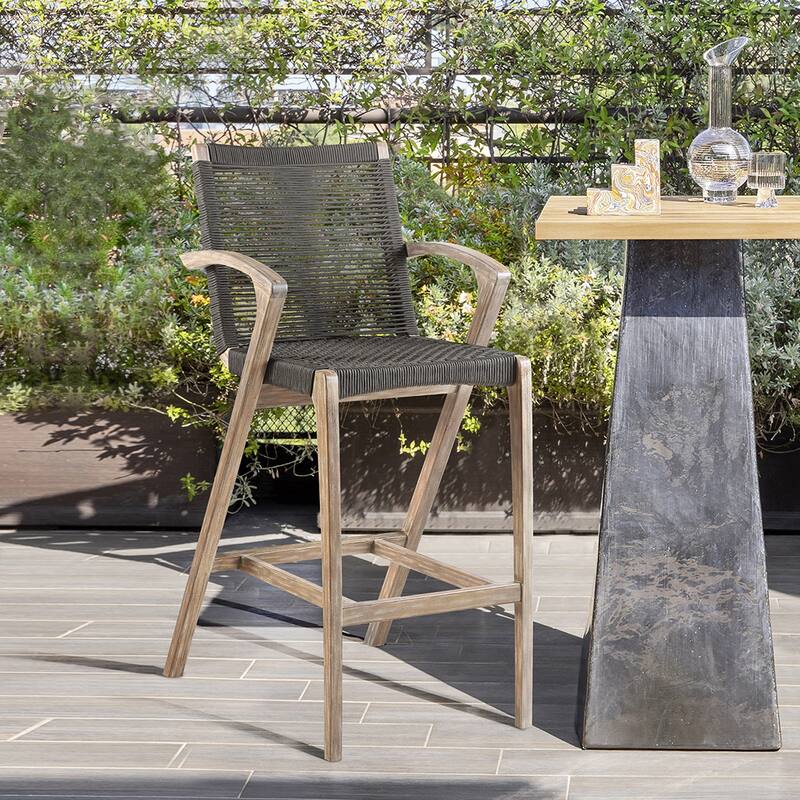 Brielle Solid Eucalyptus Wood and Rope Outdoor Patio Bar Height Stool - Charcoal