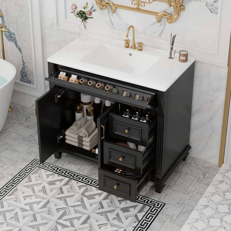 Freestanding Vanity Set with Flip-Out Drawer,3 Drawers,2 Soft-Close Doors