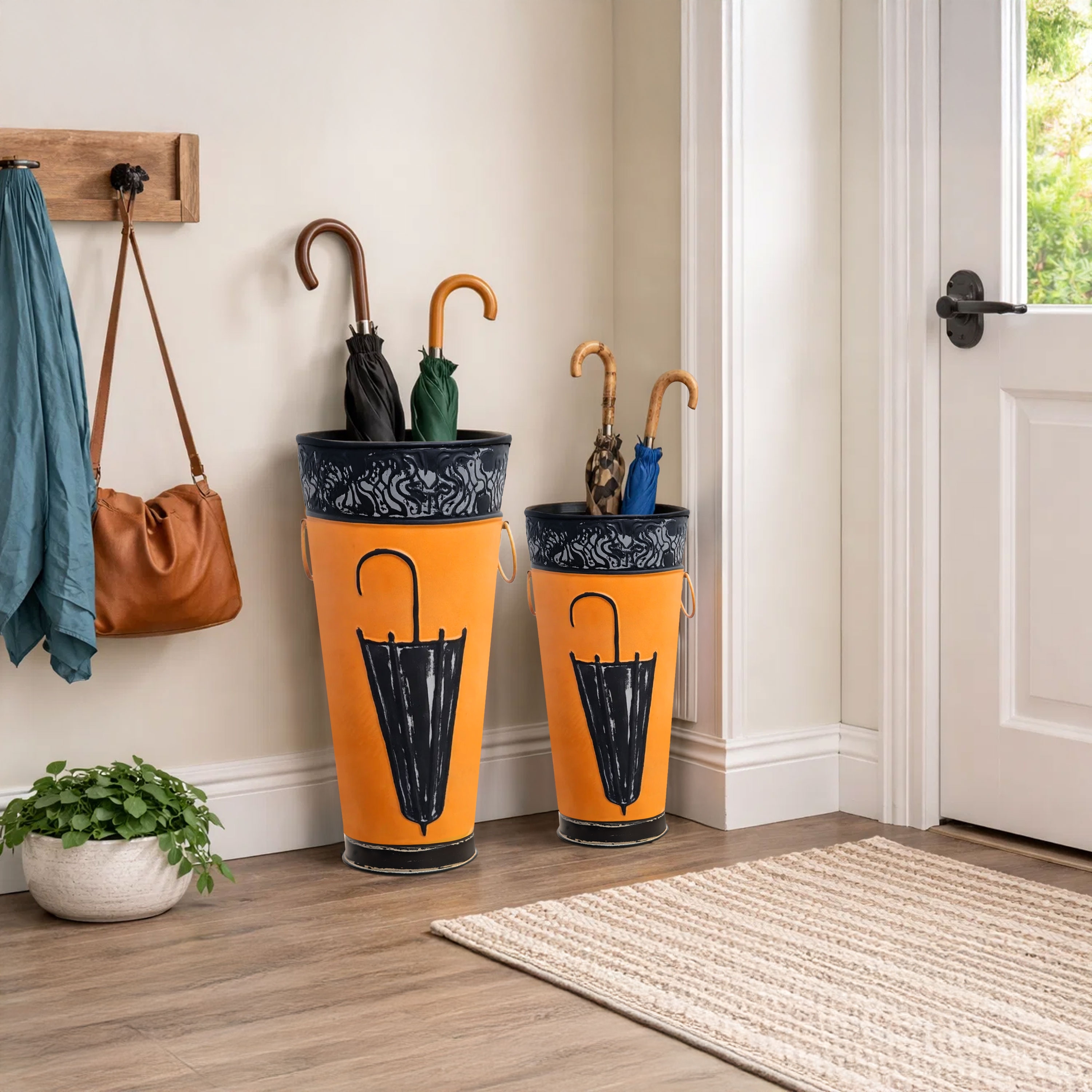 Brown or Black Metal Umbrella Stand with Umbrella Image and Handles (Set of 2)