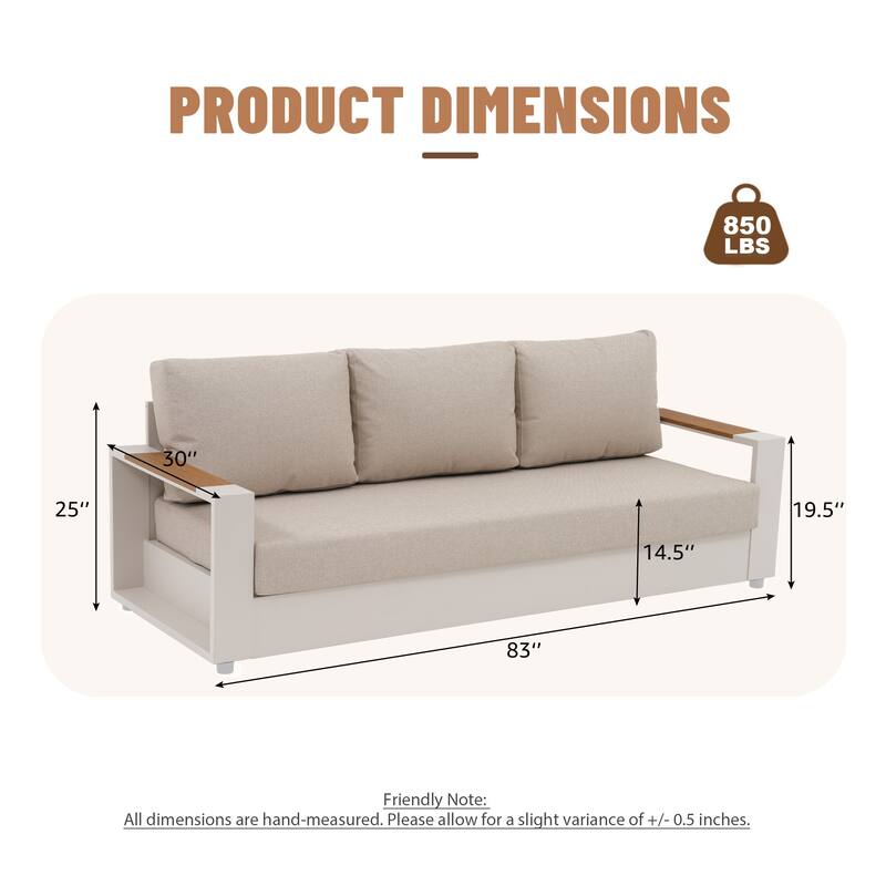 Modern Aluminum Frame Outdoor 3-Seater Sofa with Thick Cushions