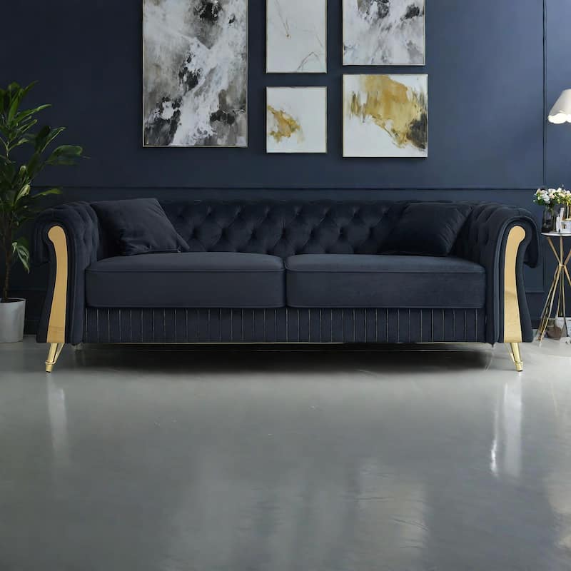 89" Velvet 3-Seater Sofa Sofa with Two Seat Cushions and Two Toss Pillows - Black