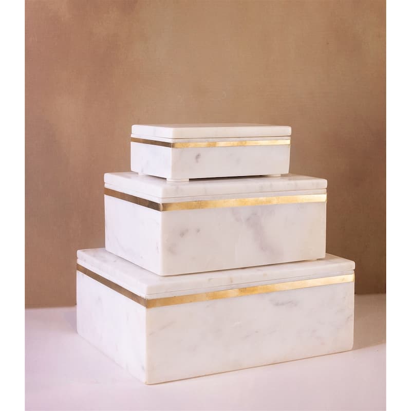 Sm. White Marble Box w/ Brass Inlay 6"x4"