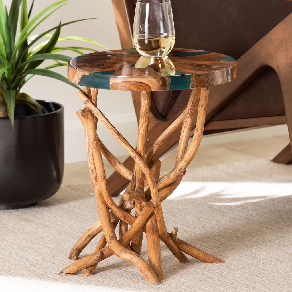 Amada Teak Wood Epoxy Resin End Table - Round Live Edge Side Table with Branch Legs, Handcrafted Modern Rustic Accent Table