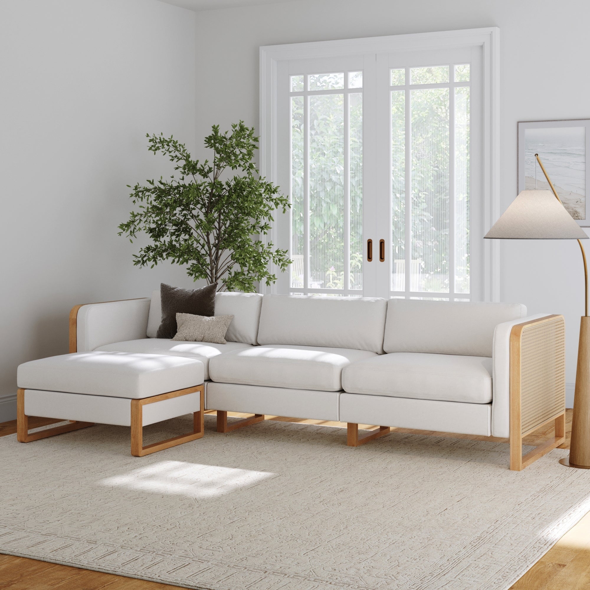 Boho 4-Seater Sofa Solid Wood Legs & Rattan Arm Gray