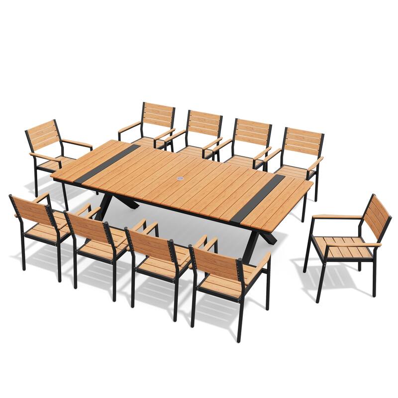 11-Piece Set Outdoor Aluminum Rectangular Dining Table with Umbrella Hole and Stackable Chairs