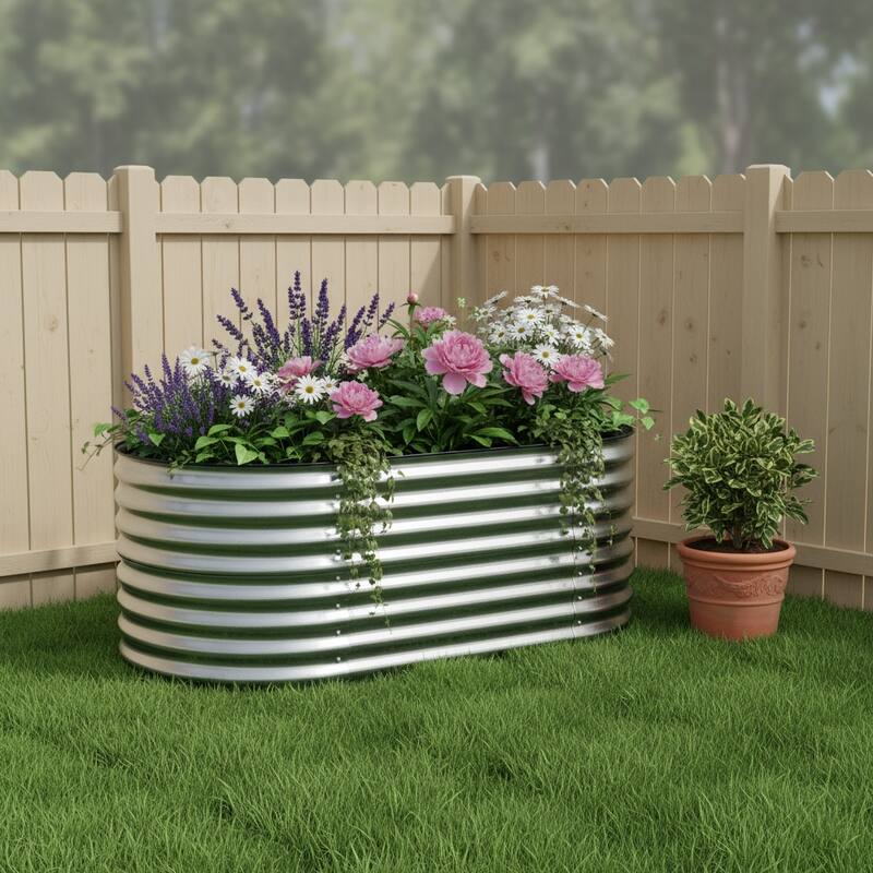 HomeRoots 32" X 63" Silver Metal Oval Raised Garden Bed - Silver