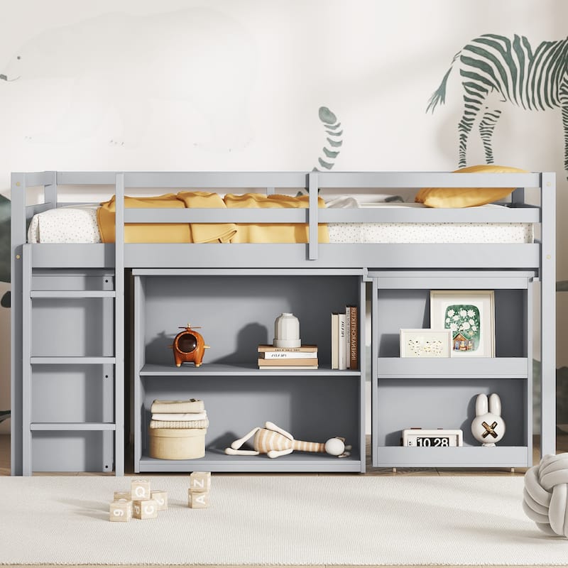 Twin Loft Bed with Drawer Cabinet, Shelf Cabinet, Pulling-Out Desk, and Safety Guardrail - Grey