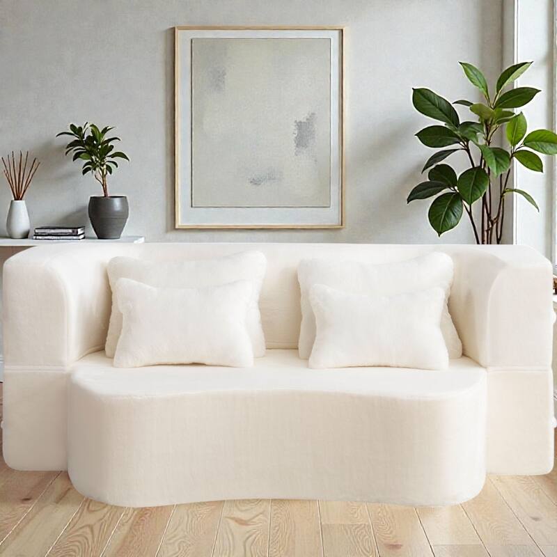 Queen Size Floor Sofa Futon with 4 Pillows, Modern Folding Mattress Couch, Plush Fabric No Assembly