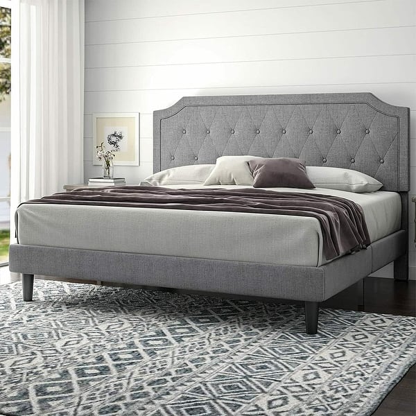 Queen Size Upholstered Bed Frame with Sunrise Headboard, Dark Grey