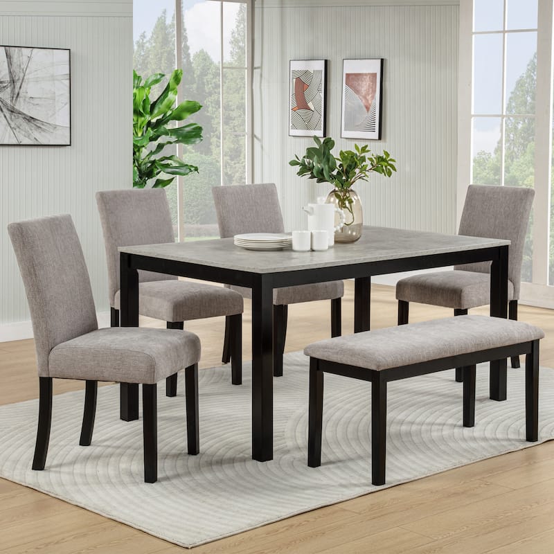 GDFStudio - Aurelia Luxury Concrete-Effect Tabletop Rectangular Dining Table Set with 4 Upholstered Chairs (with/without Bench) - table + 4 chairs + bench - Black+Grey