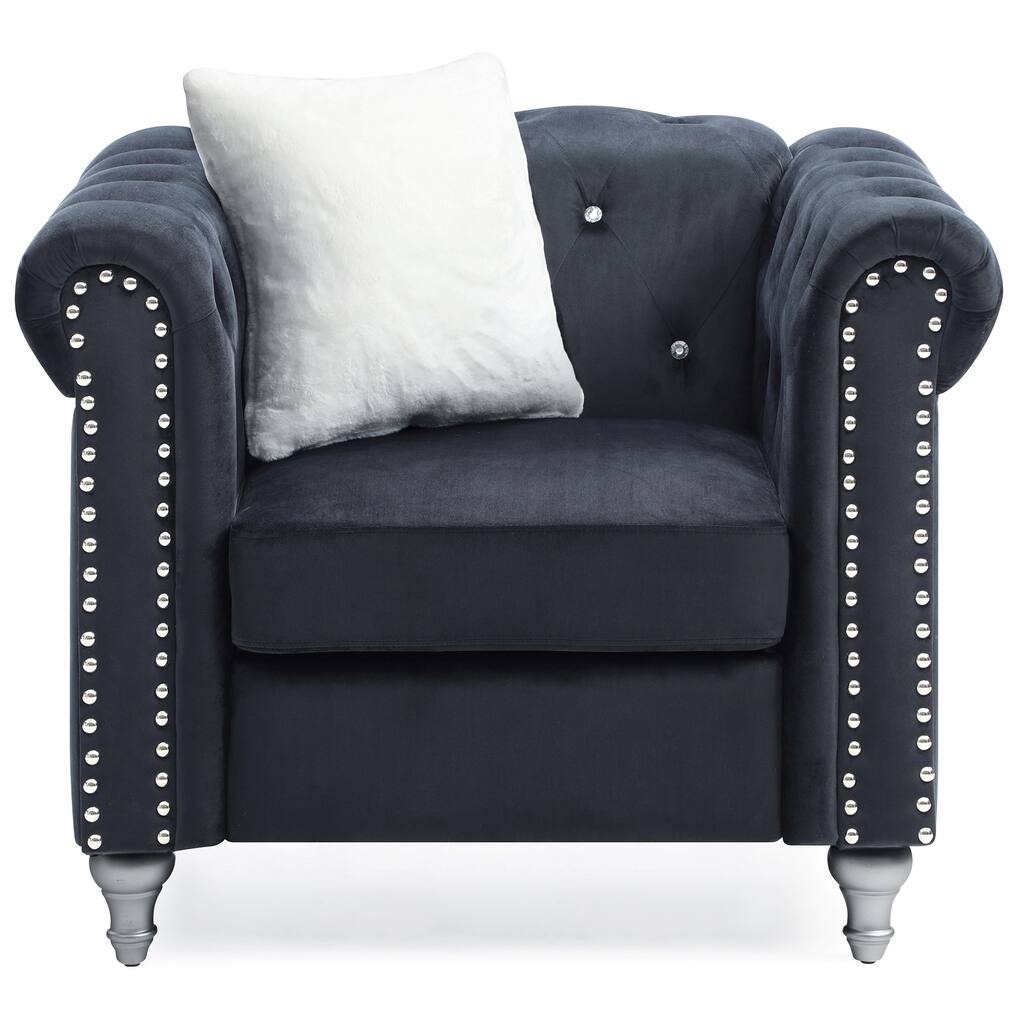 Jeweled Tufted Velvet Accent Chair with Throw Pillow - 38" - Black
