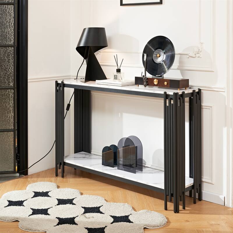2 Tier Faux Marbling Console Table, Entryway Table w/ Adjustable Feet