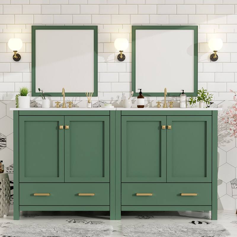 60 Inch Bathroom Vanity with Double Ceramic Sinks, 4 Doors, 2 Drawers, and Divided Storage - Freestanding Design - Green