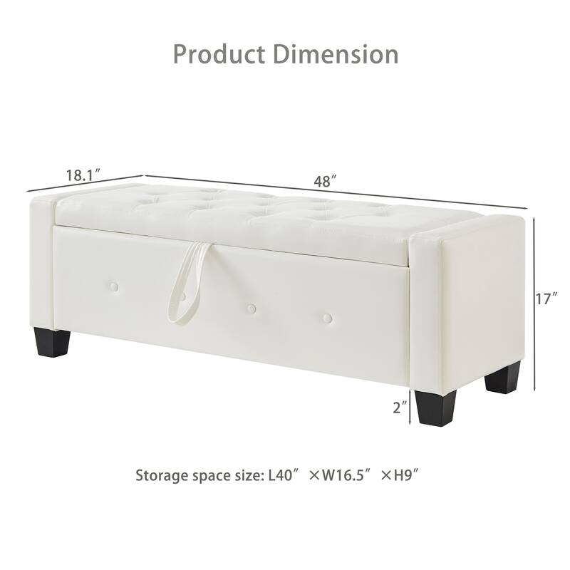 Tufted Faux Leather Storage Ottoman Bench for Bedroom, Living Room & Hallway, 48" Multifunctional Upholstered End of Bed Bench
