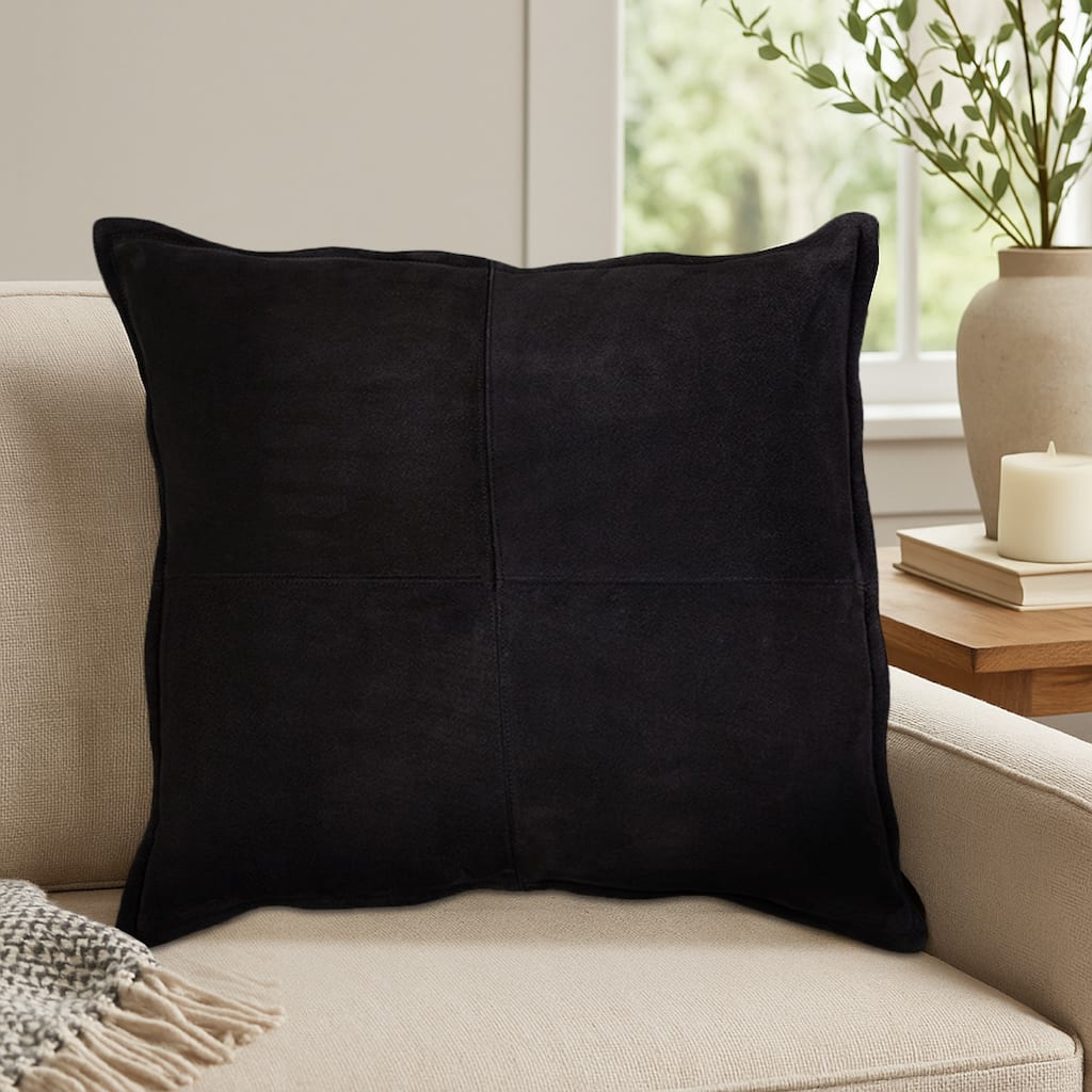 Vale Square Accent Throw Pillow, 20 Inch, Patchwork Design Black Suede