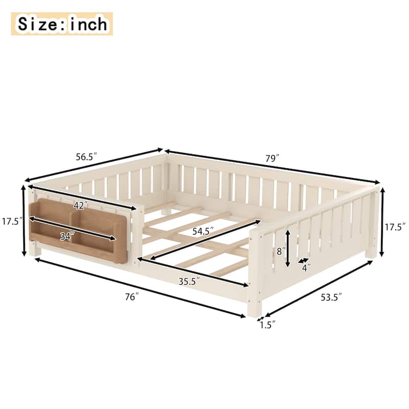 Low Profile Montessori Bed Floor Platform Bed with Fence and Bookshelf