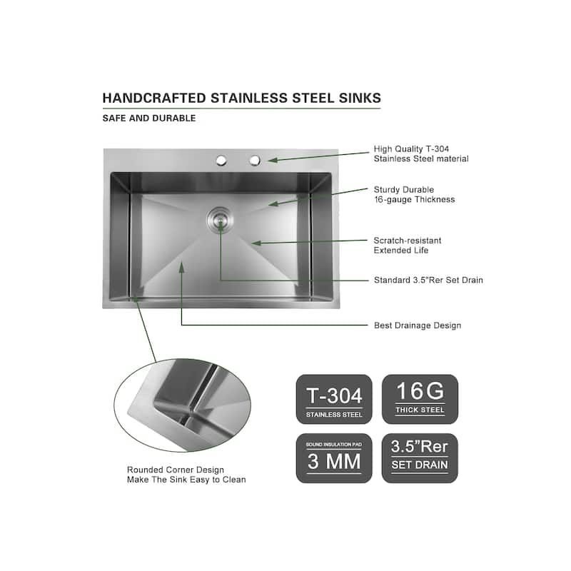 33" Drop-In 16 Gauge Single Bowl Stainless Steel Kitchen Sink in Brushed Nickel