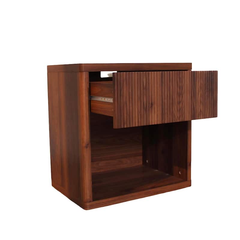 Fluted Bed Side Table End Table Nightstand with Drawer, Corner Table Walnut Lamp Table with Open Shelf