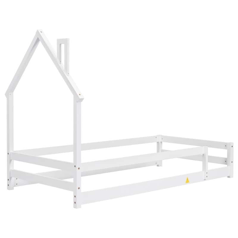 Twin Size Wood Bed Frame with House-shaped Headboard Floor bed with Fences