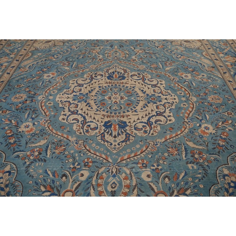 Blue Tabriz Vintage Persian Area Rug Handmade Living Room Wool Carpet - 9'8" x 12'7"