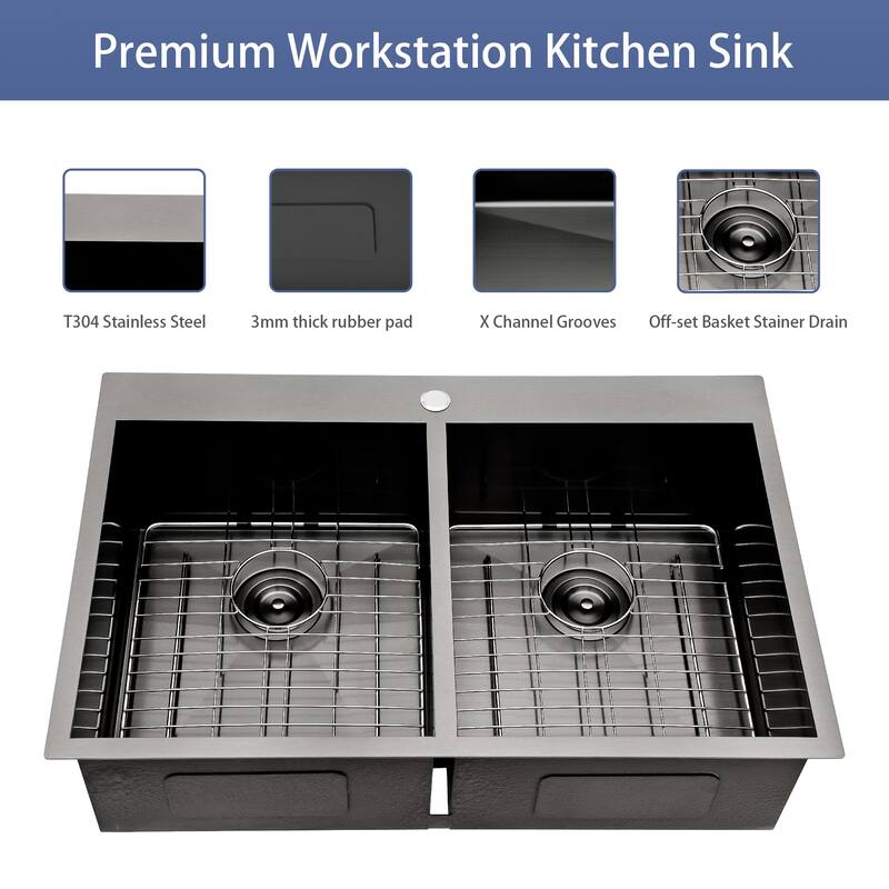 33 In. Drop-In Double Bowl 16 Gauge Kitchen Sink in Gunmetal Black with Two Deep Basins - 33'' x 22'' x 9''