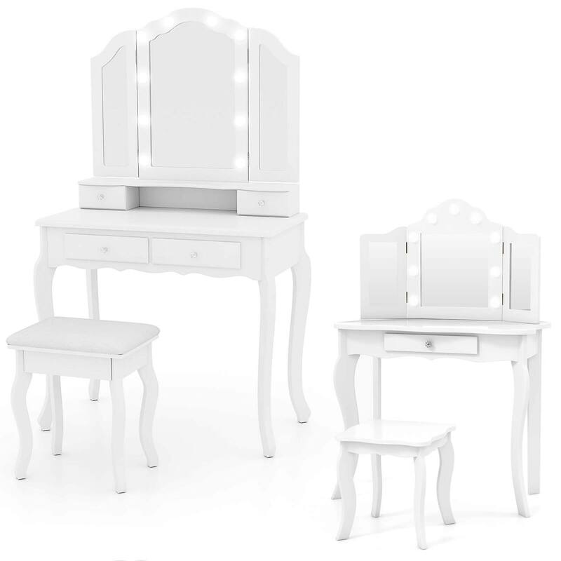 2 PCS Makeup Kids Vanity Set White Vanity Table & Stool - White