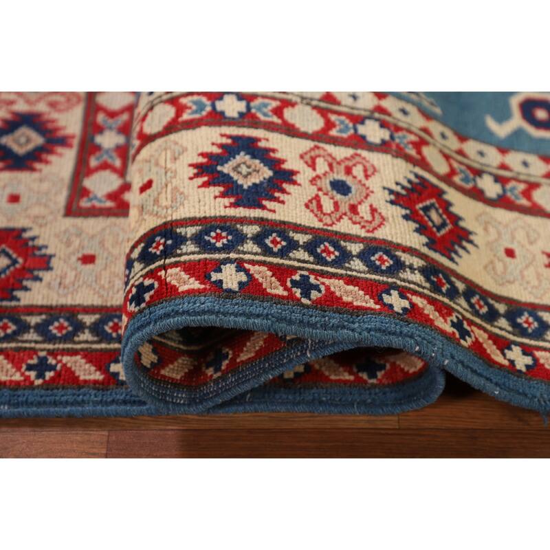 Blue Geometric Kazak Oriental Accent Rug Hand-Knotted Wool Carpet - 3'6"x 4'6"