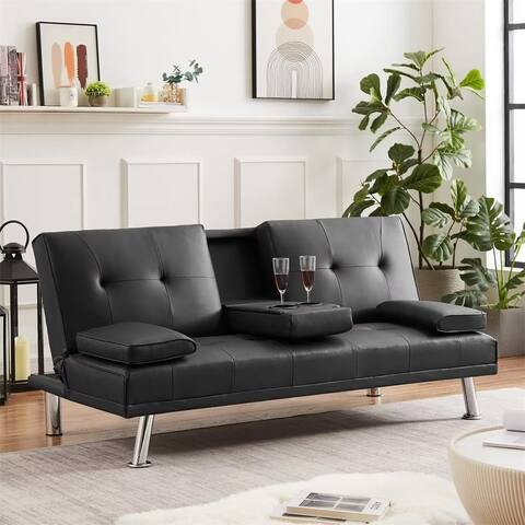 Modern Convertible Sleeper Sofa, Faux Leather Foldable Recliner Couch with 2 Cup Holders, Upholstered Futon Sofa Bed