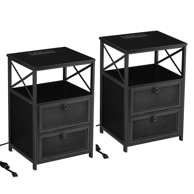 VECELO (Set of 2) Mid century Modern Nightstand with Charging Station and USB Port - Black