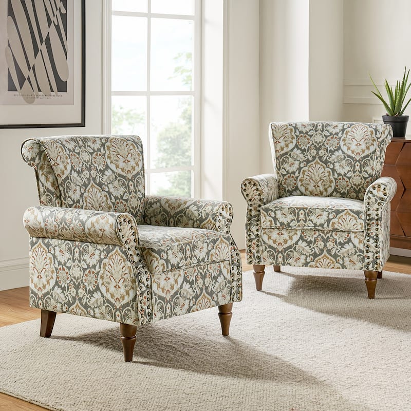 Avelina Upholstered Accent Armchair Floral Pattern with Nailhead Rolled Arms Set of 2 - PINE