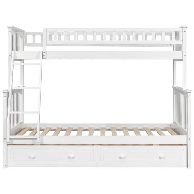 Wooden Storage Bunk Bed Frame with Fence-shaped Guardrails and Pull-out Drawers, Convertible 2 Platform Beds, Detachable Design