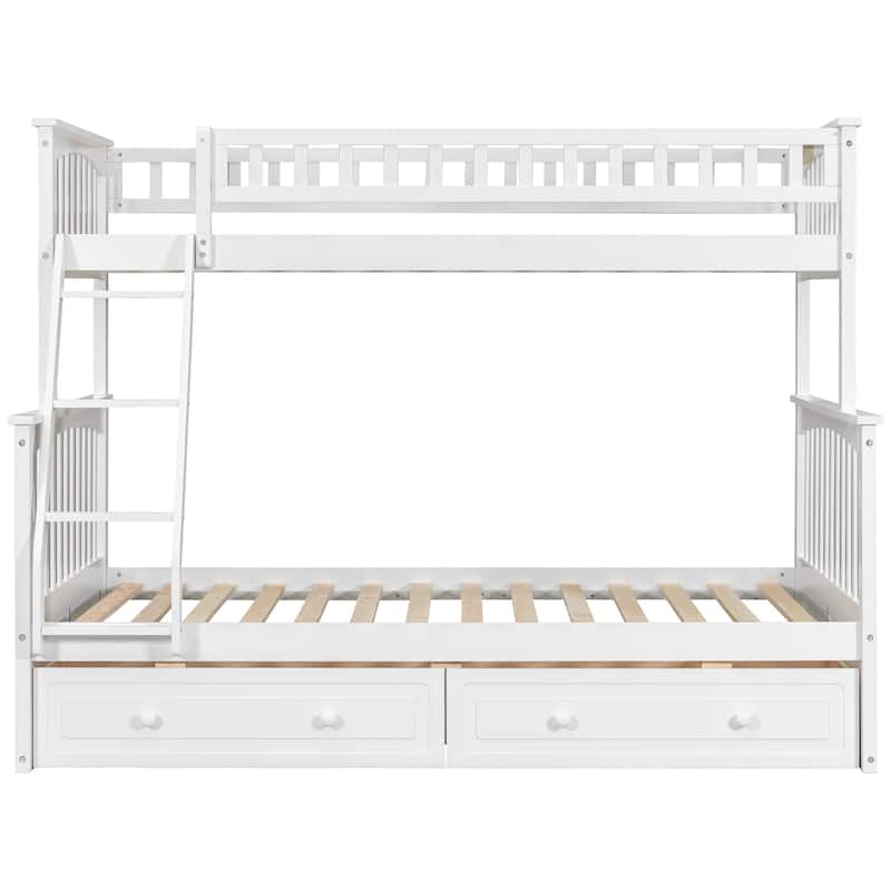 Wooden Twin over Full Bunk Bed with 2 Drawers, Detachable into 2 Beds, Solid Pine Wood Bunk Bed Frame with Fence Guardrail