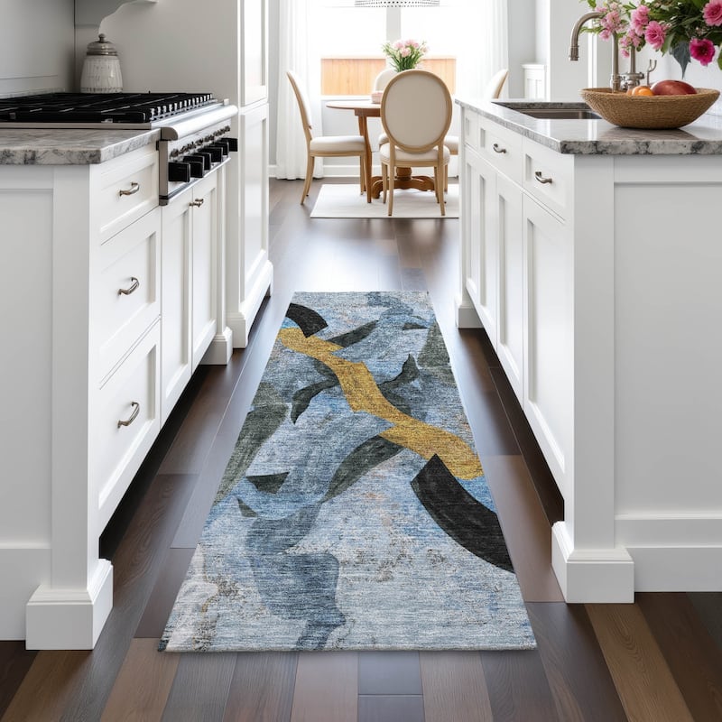 Machine Washable Indoor/Outdoor Contemporary Brushstrokes Chantille Rug