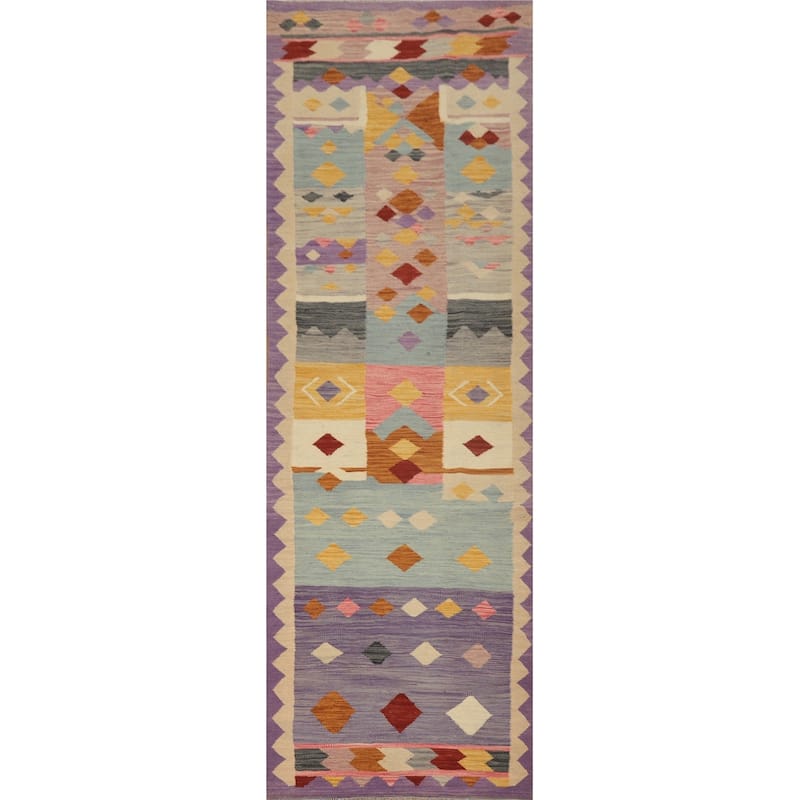 Hand Woven Oriental 100% Wool Carpet Southwestern Tribal Multi-Colored Kilim Runner Rug - 9' 8'' X 2' 7''