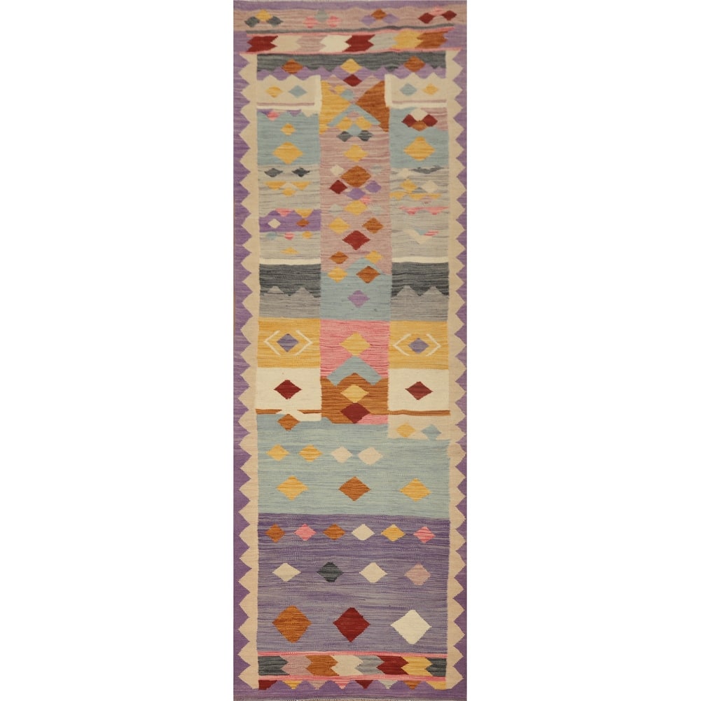 Hand Woven Oriental 100% Wool Carpet Southwestern Tribal Multi-Colored Kilim Runner Rug - 9' 8'' X 2' 7''