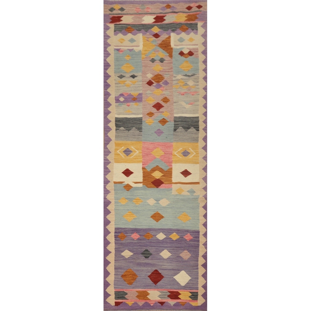 Hand Woven Oriental 100% Wool Carpet Southwestern Tribal Multi-Colored Kilim Runner Rug - 9' 8'' X 2' 7''