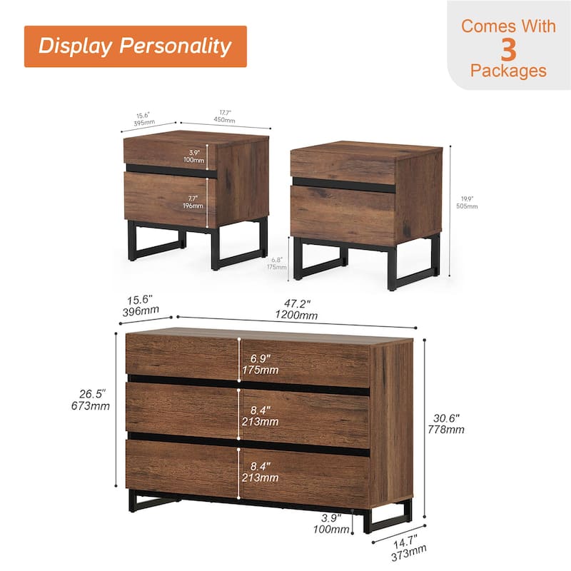 3-Piece Bedroom Furniture Set,Dresser &Chest With 6 Drawers,2 Nightstand For Bedroom, Bedroom Furniture Set