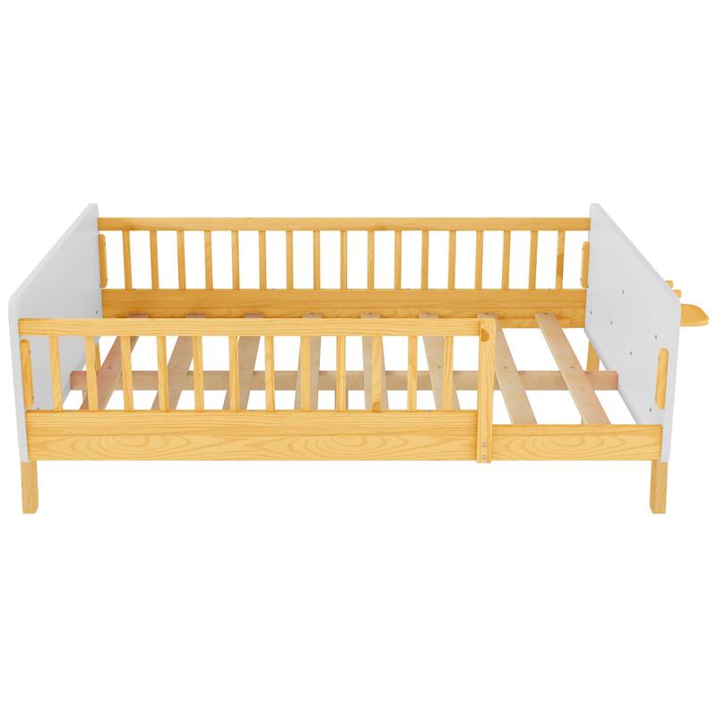 Kids Wood Platform Bed with Guardrails, Bottle Holder and 2 Hanging Rod, Convertible Toddler Daybed, Low Profile Design Frame