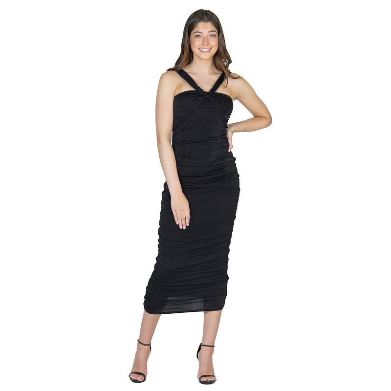 24seven Comfort Apparel Womens Halter Cross Neck Ruched Bodycon Mid Dress - Black - S