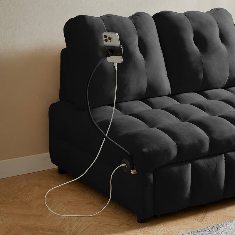 Modern pull-out velvet sofa bed with USB port and rotating phone holder